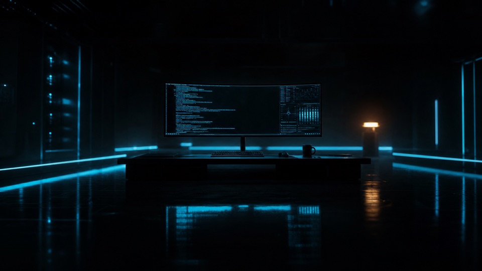 Stanowisko pracy w ciemnym wnętrzu: szeroki monitor z terminalem EBARTNET-UI i panelem telemetrii, świetlne linie odbite w podłodze